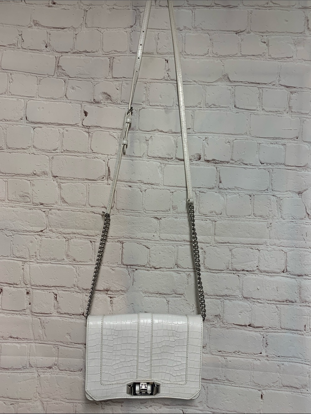 Rebecca Minkoff White Croc-Embossed Leather Crossbody Bag with Silver Chain